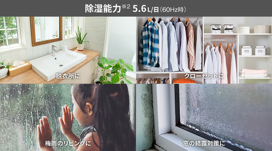 脱衣所、クローゼット、梅雨のリビング、窓の結露対策など、余分な湿気を除去して快適な空間に。除湿能力※２は60ヘルツ時１日あたり5.6リットル