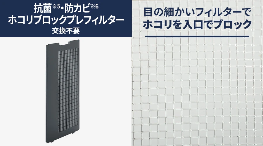 抗菌・防カビホコリブロックプレフィルターは交換不要です。目の細かいフィルターでホコリを入り口でブロック