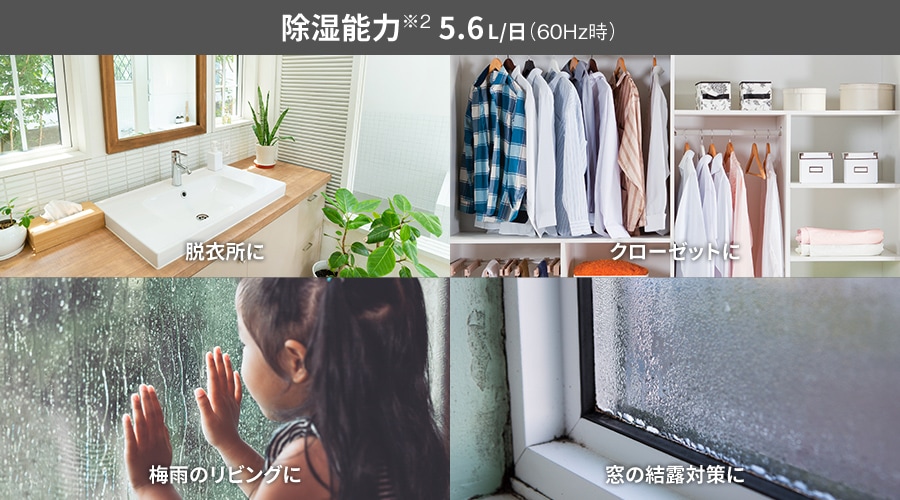 脱衣所、クローゼット、梅雨のリビング、窓の結露対策など、余分な湿気を除去して快適な空間に。除湿能力※２は60ヘルツ時１日あたり5.6リットル