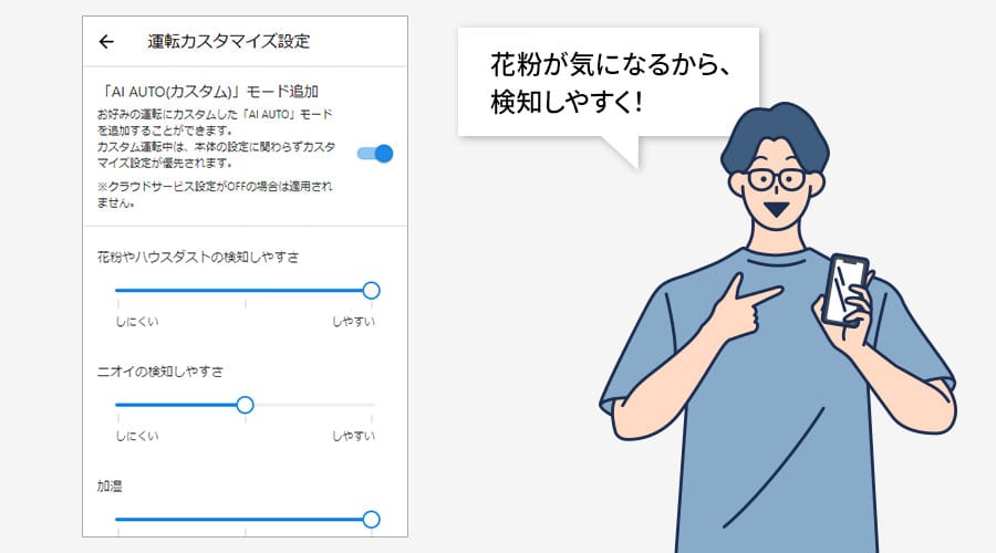 運転カスタマイズ設定のイメージ、花粉が気になるから検知しやすくできます