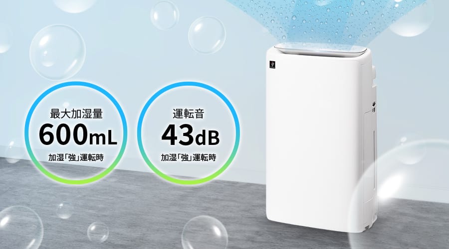 最大加湿量600mL、運転音43dB（いずれも加湿「強」運転時）