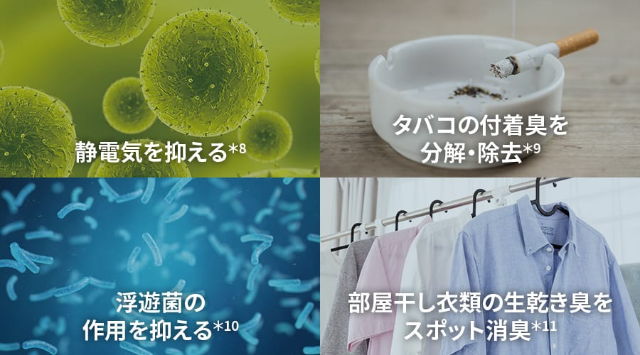 静電気を抑える、タバコの付着臭を分解・除去、浮遊菌の作用を抑える、部屋干し衣類の生乾き集をスポット消臭