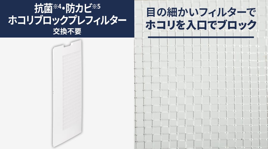 抗菌・防カビホコリブロックプレフィルターは交換不要です。目の細かいフィルターでホコリを入り口でブロック
