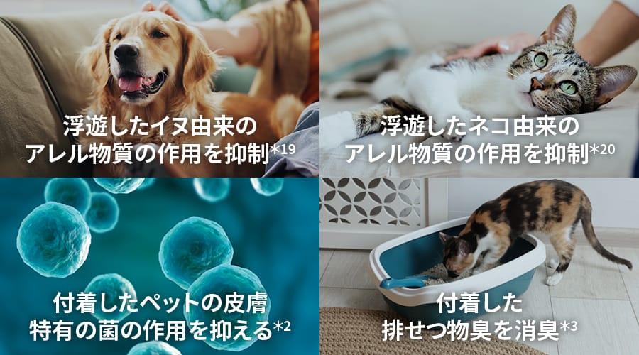 浮遊したイヌ・ネコ由来のアレル物質の作用を抑制、付着したペットの皮膚特有の菌の作用を抑える、付着した排せつ物臭を消臭