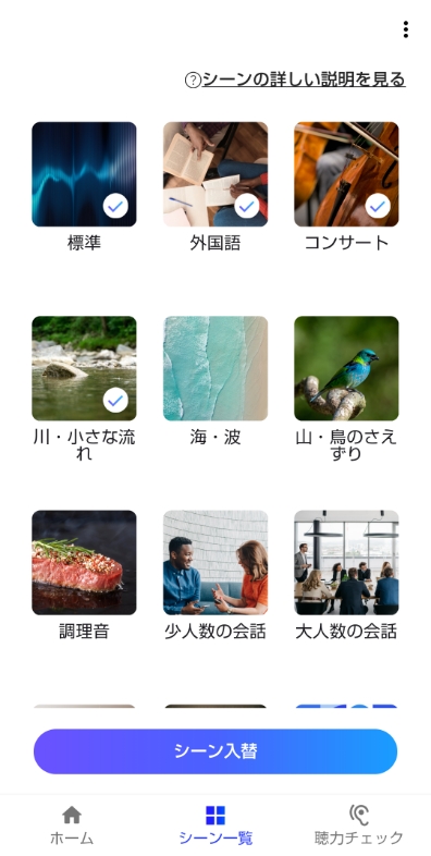 標準、外国語、コンサート、川・小さな流れなどからシーンを選びます。
