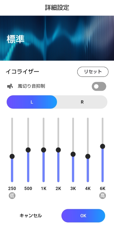 イコライザーで250Hz～6kHzまで細かく音を調整できます。