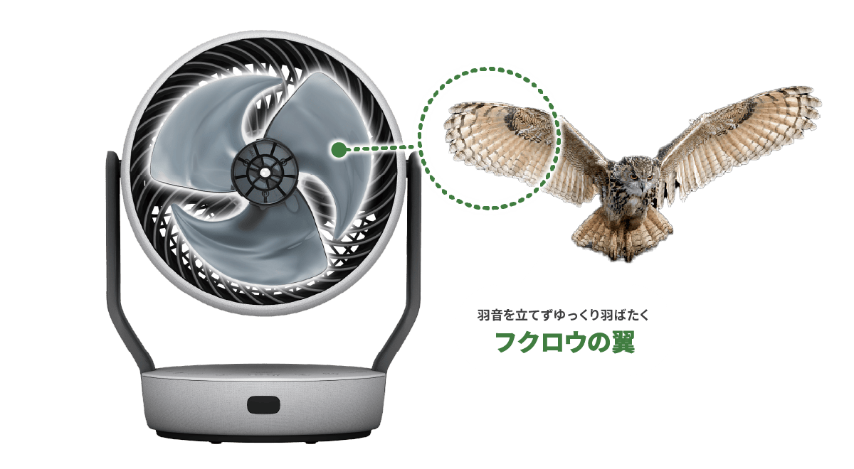 羽音を立てずゆっくり羽ばたくフクロウの翼