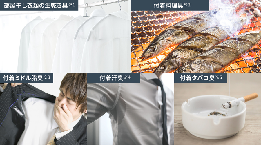 プラズマクラスター扇風機による消臭効果が得られる、部屋干し衣類の生乾き臭、付着料理臭、付着ミドル脂臭、付着汗臭、付着タバコ臭の、各イメージ画像。