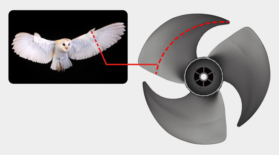 「フクロウの翼」を応用したファンの形状