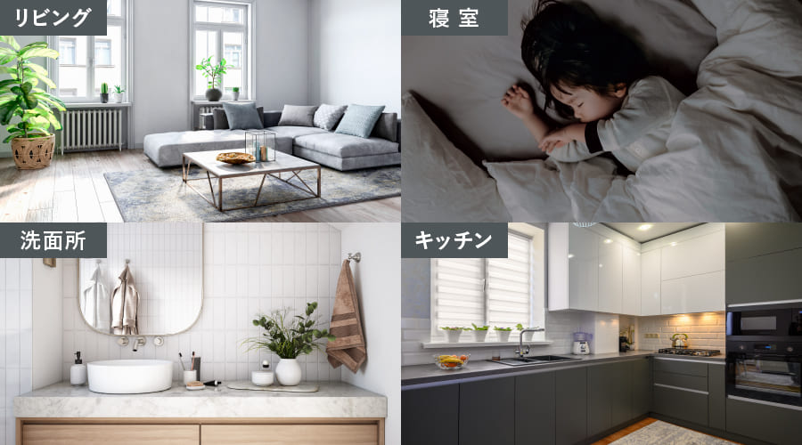 リビング、寝室、洗面所、キッチン