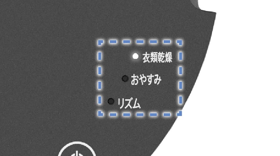 台座天面上のリズム・おやすみ・衣類乾燥モードの点灯ランプの画像