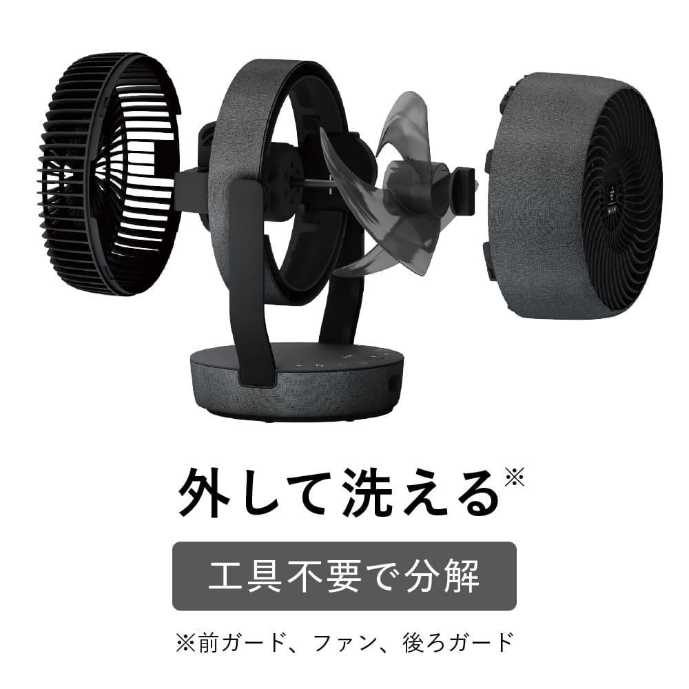 プラズマクラスターサーキュレーター:PK-18S03:外して洗える（前ガード、ファン、後ろガード）、工具不要で分解