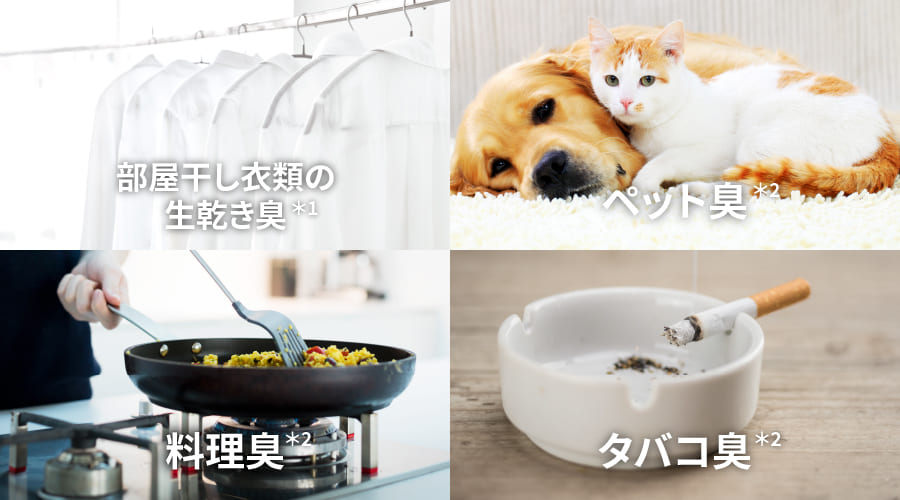 部屋干し衣類の生乾き臭、ペット臭、料理臭、タバコ臭