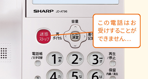 迷惑ストップボタンと、ボタンを押した時に流れるメッセージ。この電話はお受けすることができません。
