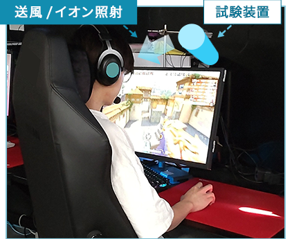 送風またはイオン照射を受けながらVALORANTをプレイするプロeスポーツ選手