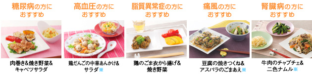 糖尿病の方におすすめ…肉巻き＆焼き野菜＆キャベツサラダ／高血圧の方におすすめ…鶏だんごの中華あんかけ＆サラダ※／脂質異常症の方におすすめ…鶏のごま衣から揚げ＆焼き野菜／痛風の方におすすめ…豆腐の焼きつくね＆アスパラのごまあえ※／腎臓病の方におすすめ…牛肉のチャプチェ＆二色ナムル※