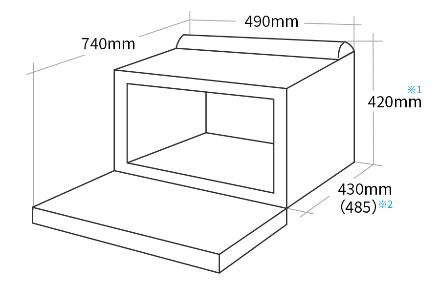 外形寸法図:幅490mm × 奥行430(ハンドル部分含め485)mm × 高さ420mm(蒸気ダクト含む)、ドアを開いた状態の奥行740mm
