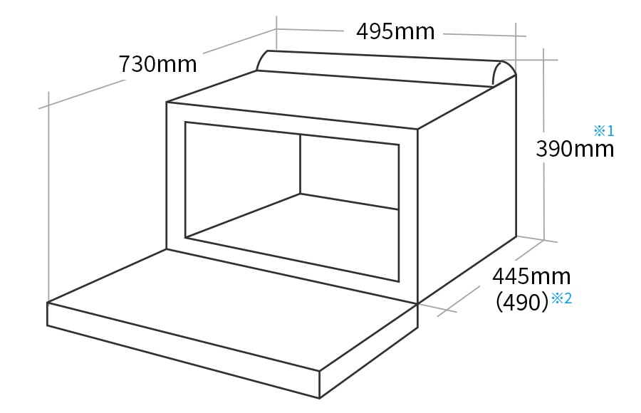 外形寸法図:幅495mm × 奥行445(ハンドル部分を含め490)mm × 高さ390mm(蒸気ダクト含む)、ドアを開いた状態の奥行730mm