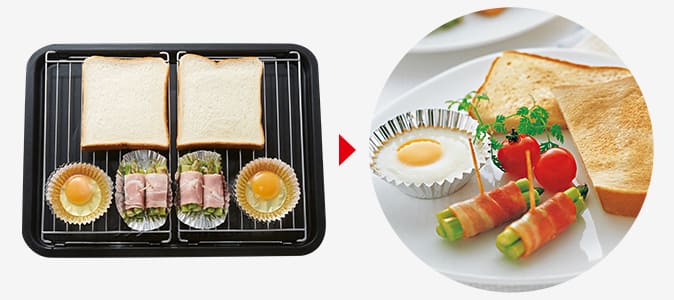 トーストと目玉焼きとアスパラベーコンの写真