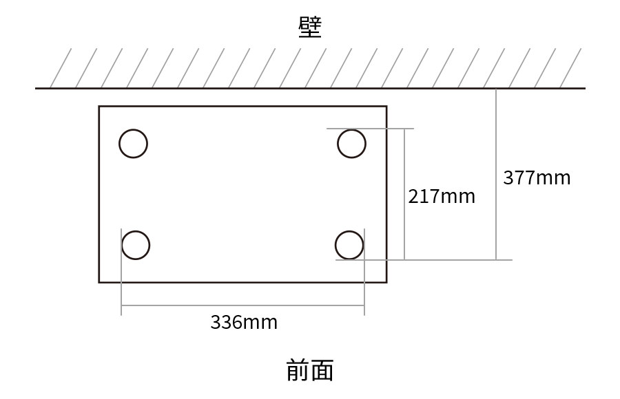 脚間寸法図、前面脚間336mm、側面脚間217mm、壁面から前面脚まで377mm