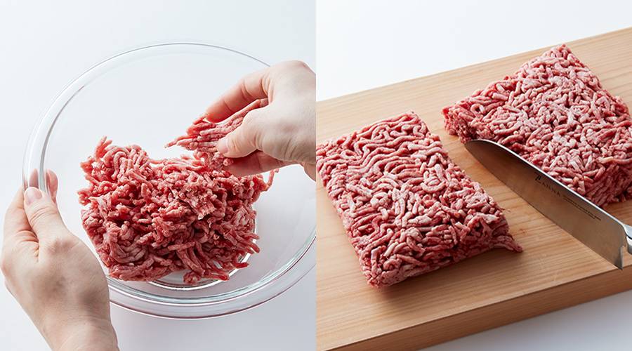 包丁でサックリ切れるひき肉の写真