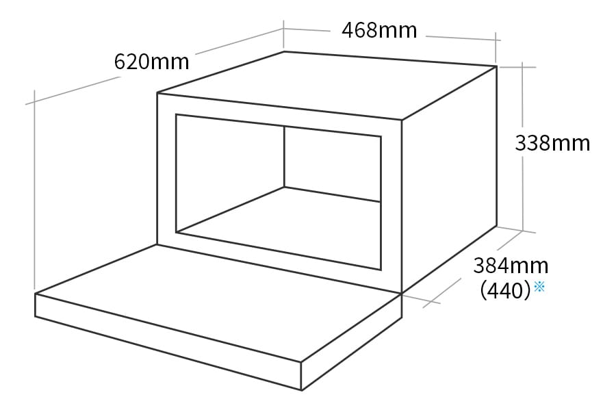 外形寸法図、幅468mm×奥行384mm(ハンドルを含め440mm)×高さ338mm