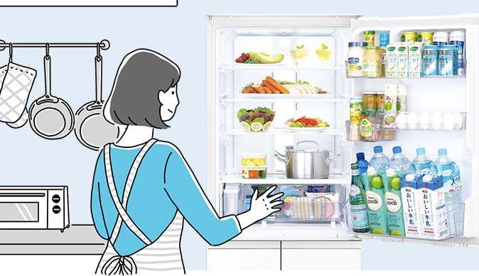食事の準備で冷蔵庫を開閉しているイラストイメージ