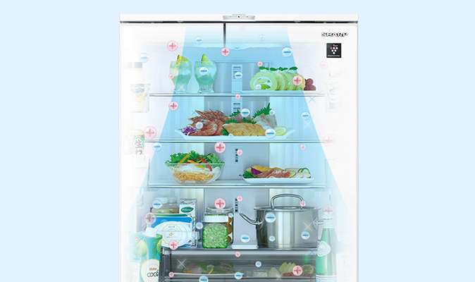 プラズマクラスター集中シャワーモードで冷蔵室内を清潔にするイメージ