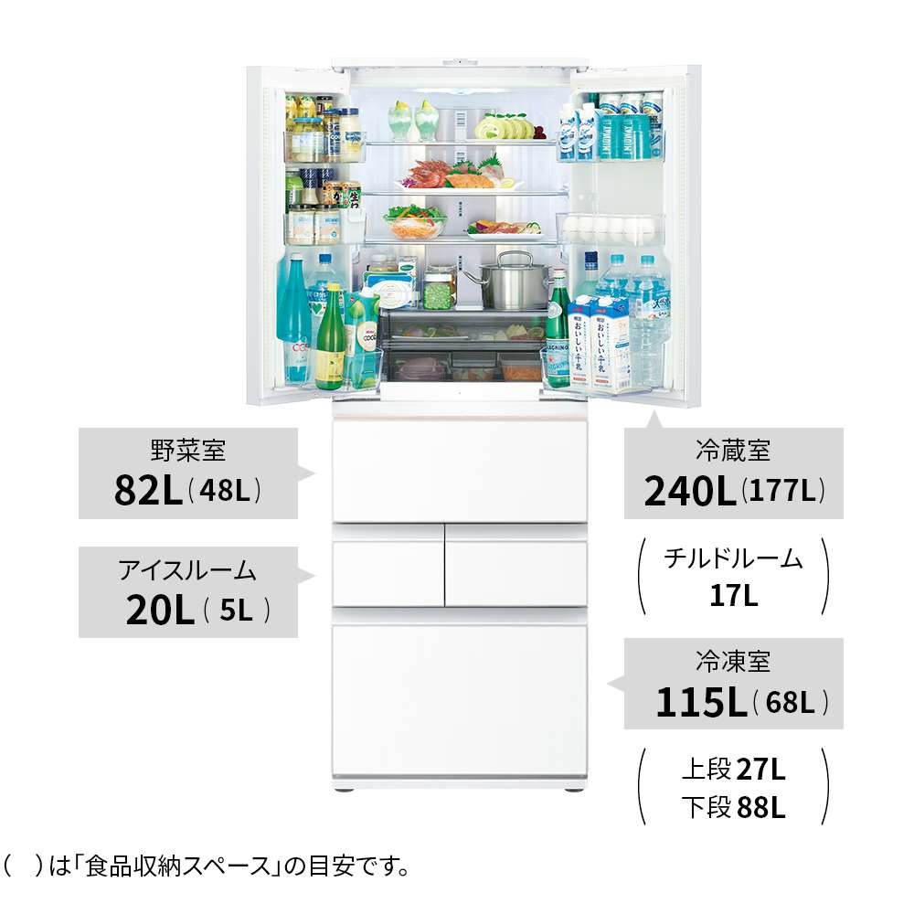 冷蔵庫:SJ-GK46K:定格内容積、冷蔵室240L、冷凍室115L、野菜室82L、アイスルーム20L