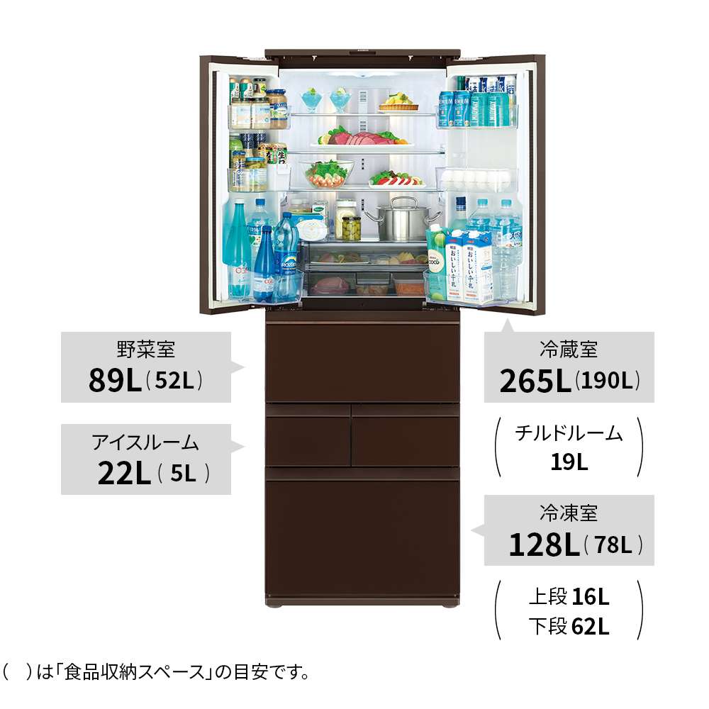 冷蔵庫:SJ-GK50K:定格内容積、冷蔵室265L、冷凍室128L、野菜室89L、アイスルーム22L