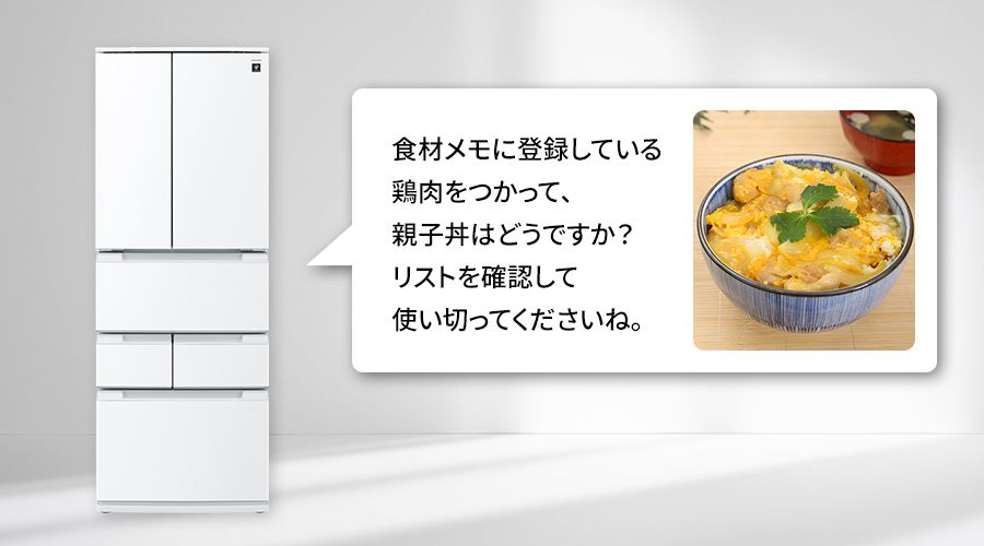 冷蔵庫が食材メモに登録している鶏肉を使った親子丼の献立を提案しているイメージ