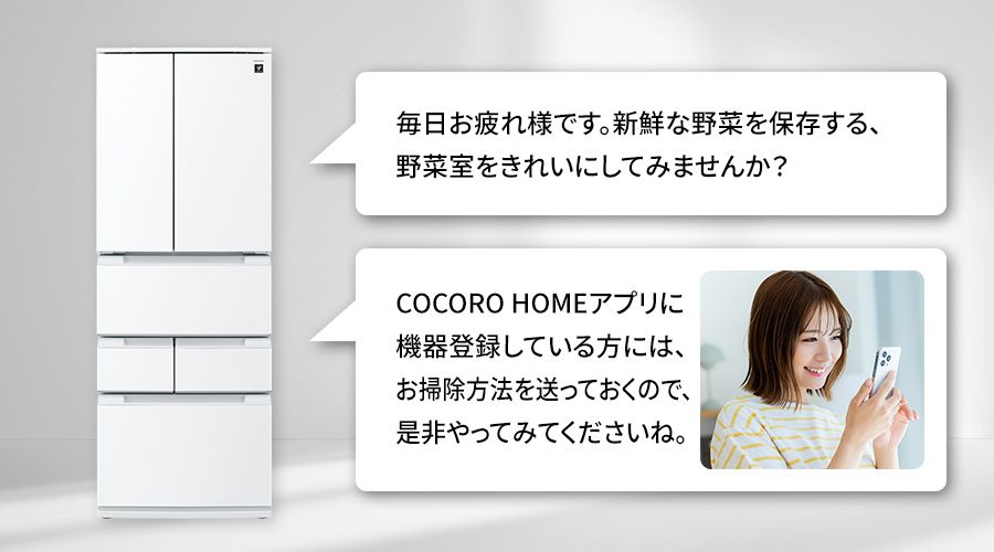 冷蔵庫が野菜室のお掃除を提案し、お掃除方法も教えてくれているイメージ
