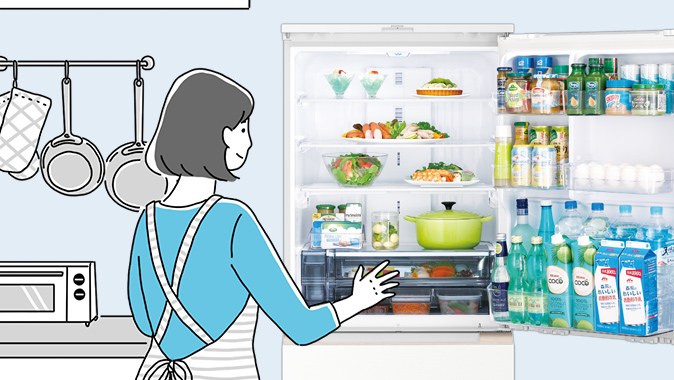 食事の準備で冷蔵庫を開閉しているイラストイメージ