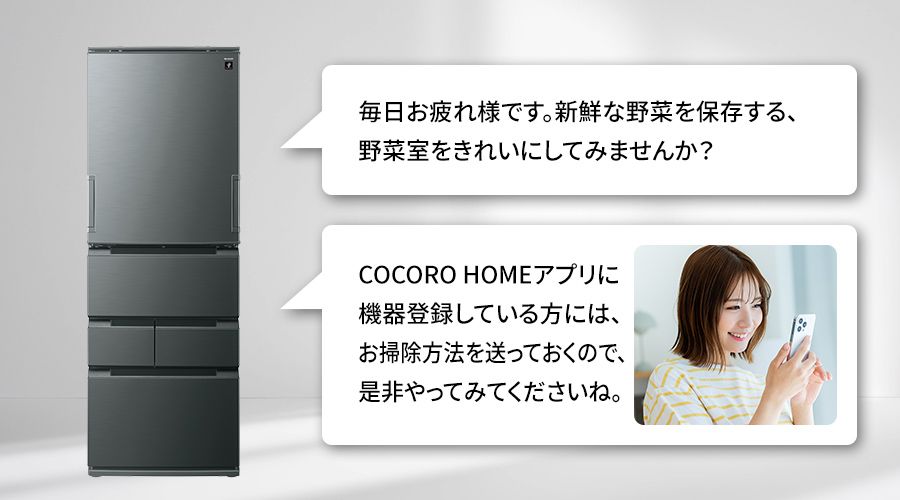 冷蔵庫が野菜室のお掃除を提案し、お掃除方法も教えてくれているイメージ
