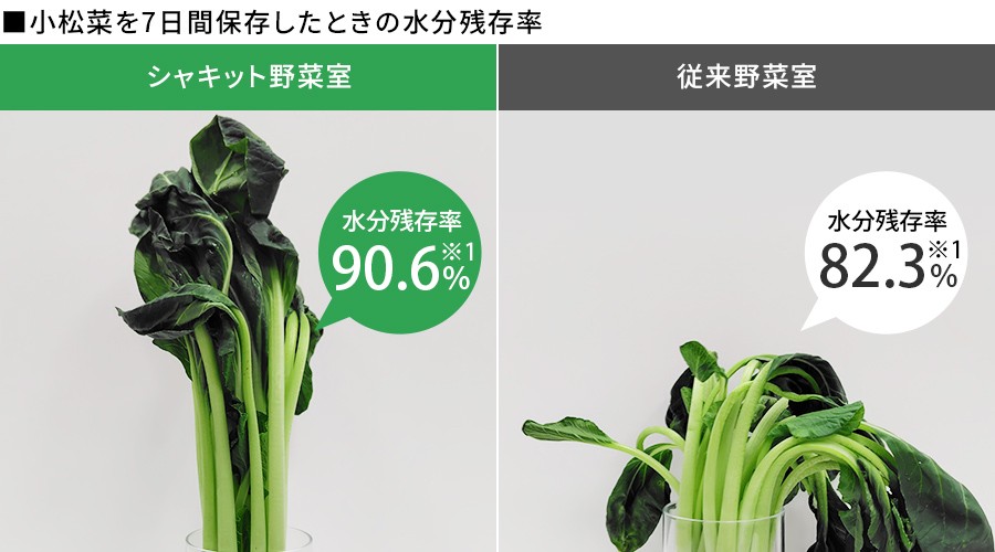シャキット野菜室と従来野菜室で小松菜を7日間保存したときの比較。シャキット野菜室は水分残存率90.6％、従来野菜室は82.3％