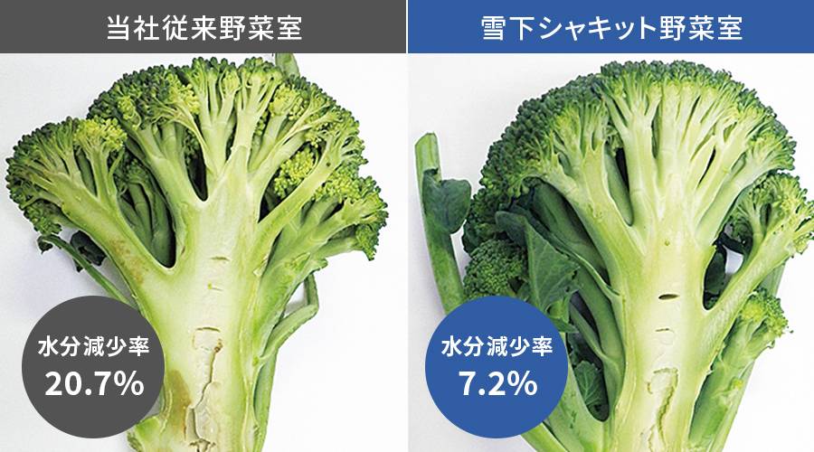 従来野菜室と雪下シャキット野菜室で１週間保存したブロッコリーの比較写真。従来野菜室は水分が20.7%減少しているが、雪下シャキット野菜室は7.2%に抑えられている。
