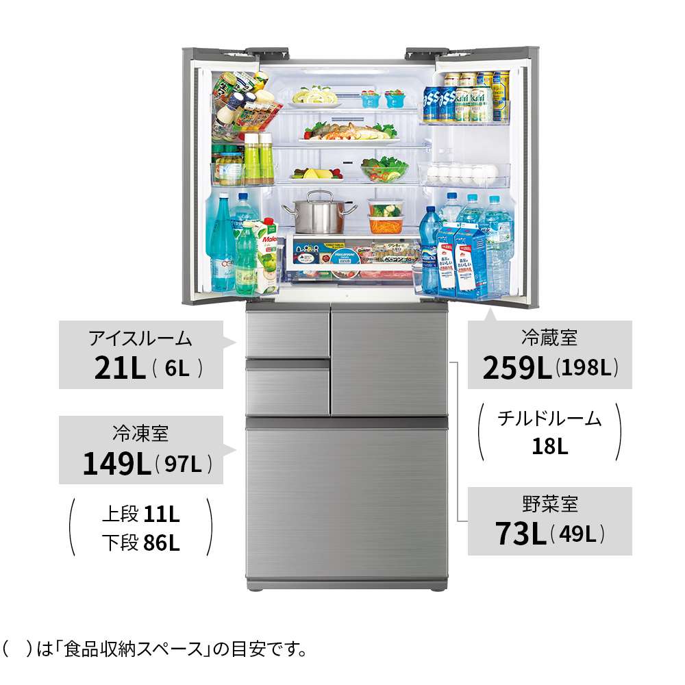 冷蔵庫:SJ-X508K-S:定格内容積、冷蔵室259L、冷凍室149L、野菜室73L、アイスルーム21L