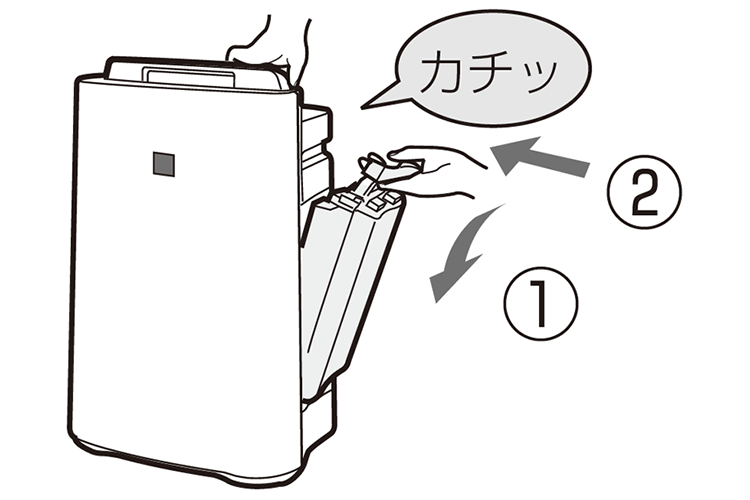 1:タンクの取っ手を持ち、2:タンクを本体に取り付ける。確実に取り付けるとカチッと音が鳴ります