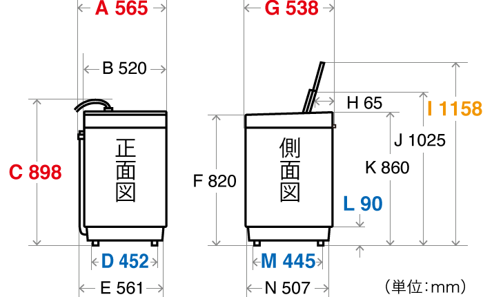 仕様 / 寸法 | ES-GE7F｜洗濯機：シャープ