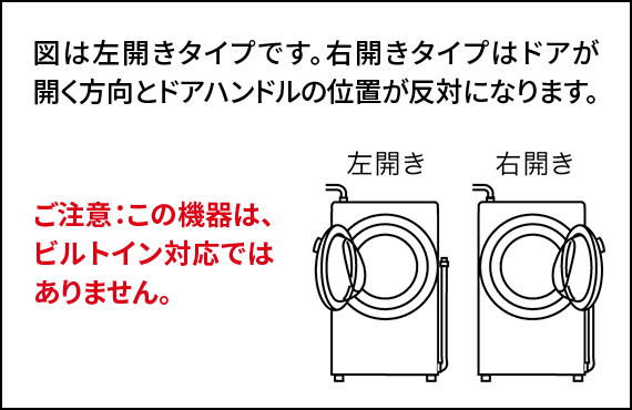 詳細な外形寸法図はドアが左開きタイプで、右開きタイプはドアが開く方向とドアハンドルの位置が反対になります、この機器はビルトイン対応ではありません。