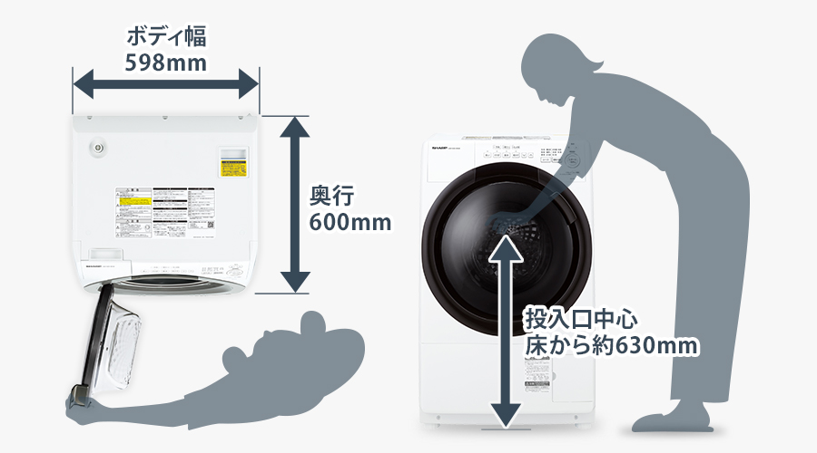 ES-7S1の奥行は600ミリメートル、ボディ幅は598ミリメートル、床から投入口中心までは約630ミリメートルです。