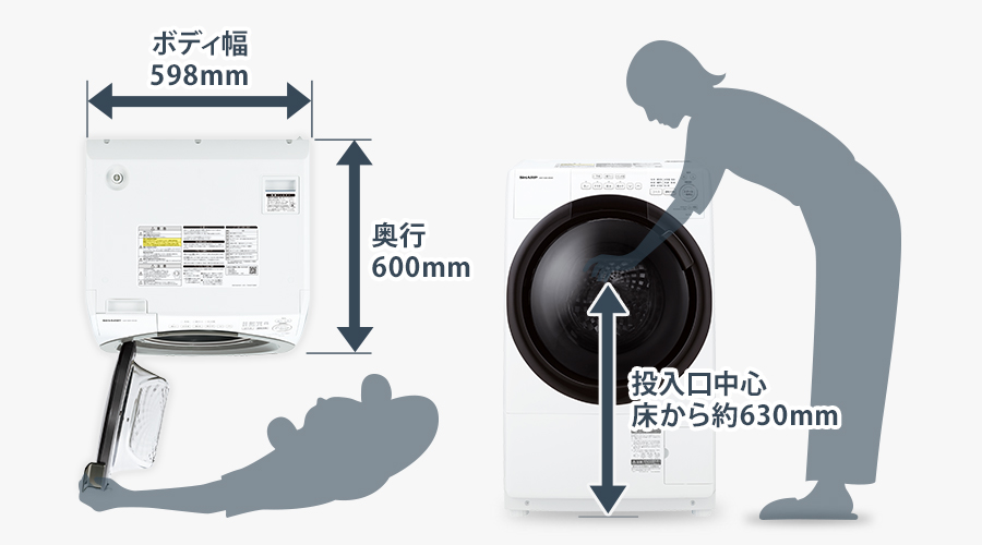 奥行は600ミリメートル、ボディ幅は598ミリメートル、床から投入口中心までは約630ミリメートルです。