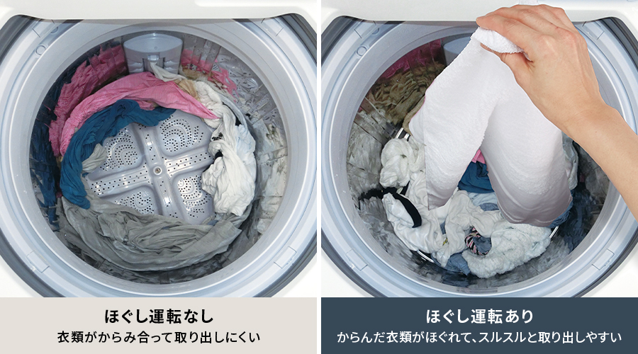 ほぐし運転なしとありの比較。ほぐし運転なしでは衣類がからみ合って取り出しにくく、ほぐし運転ありではからんだ衣類がほぐれて取り出しやすくなっています。