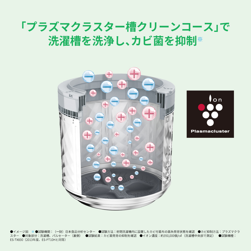 タテ型洗濯乾燥機:ES-PT10H:「プラズマクラスター槽クリーンコース」で洗濯槽を洗浄し、カビ菌を抑制