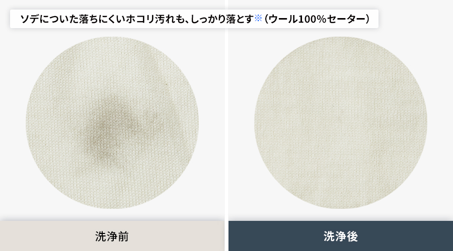 ウール100パーセントのセーターのソデについた、落ちにくいホコリ汚れの洗浄前と洗浄後の比較。洗浄後はホコリ汚れがしっかり落ちています。