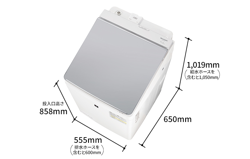 外形寸法は、幅555ミリメートル（排水ホースを含むと600ミリメートル）、奥行650ミリメートル、高さ1,019ミリメートル（給水ホースを含むと1,050ミリメートル）、投入口高さ858ミリメートル。
