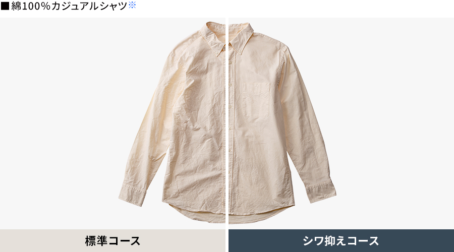 綿100%カジュアルシャツの洗浄、標準コース、シワ抑えコースの比較画像