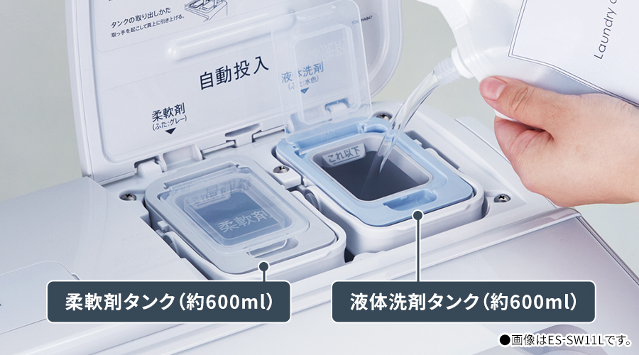 柔軟剤タンクと液体洗剤タンクのイメージ画像。容量は、それぞれ約600ミリリットルです。
