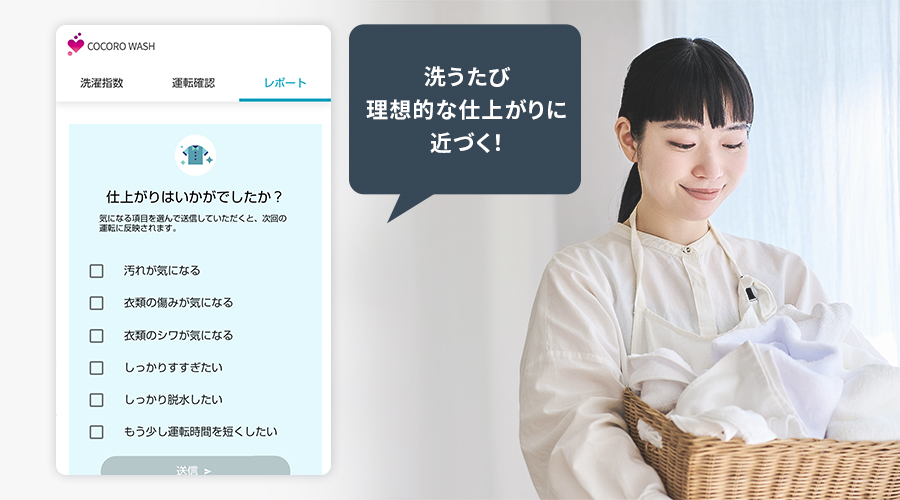ココロウォッシュアプリ起動中のスマートフォン画面のイメージ、汚れ落ち、衣類の傷み、衣類のシワ、すすぎ、脱水、運転時間など、気になる項目にチェックを入れて仕上がりの評価をします。
