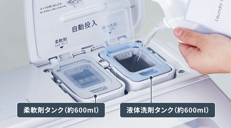 柔軟剤タンクと液体洗剤タンクのイメージ画像。容量は、それぞれ約600ミリリットルです。